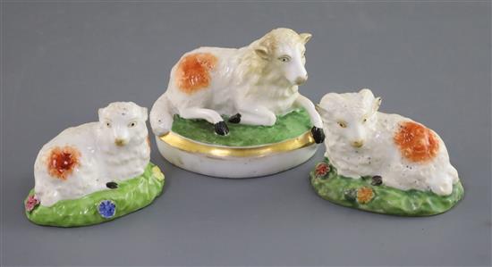 Three Rockingham porcelain figures of a recumbent sheep, c.1830, L.6cm - 8cm